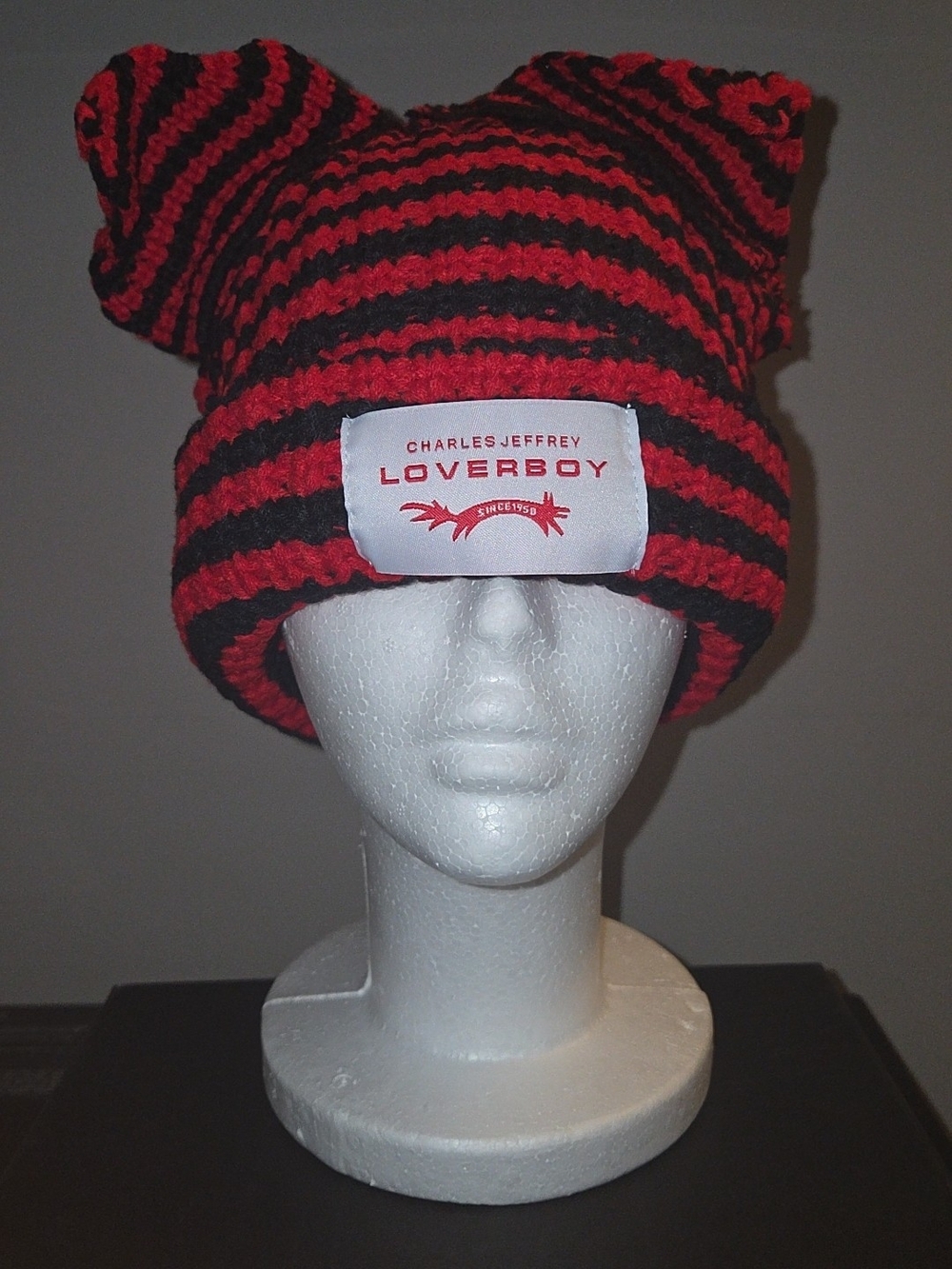 Red and Black Striped Knit Beanie